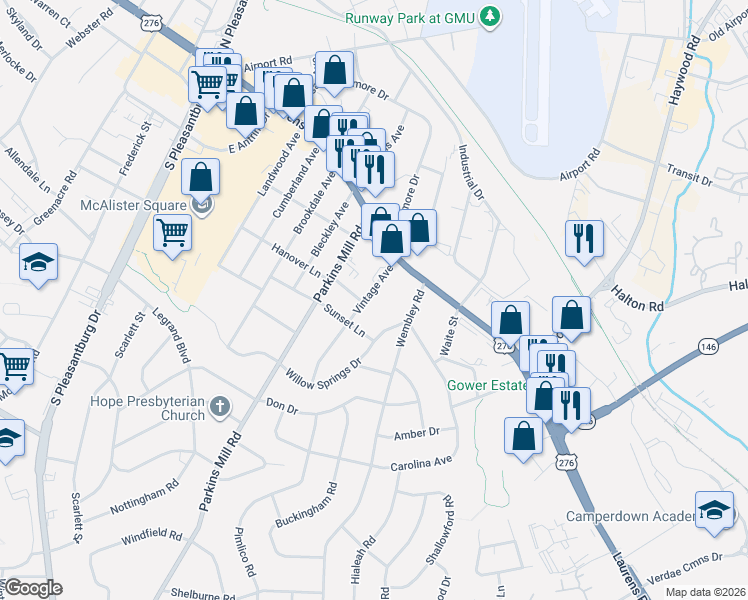 map of restaurants, bars, coffee shops, grocery stores, and more near 103 Vintage Avenue in Greenville