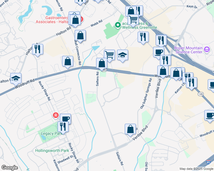 map of restaurants, bars, coffee shops, grocery stores, and more near 75 Salters Rd in Greenville