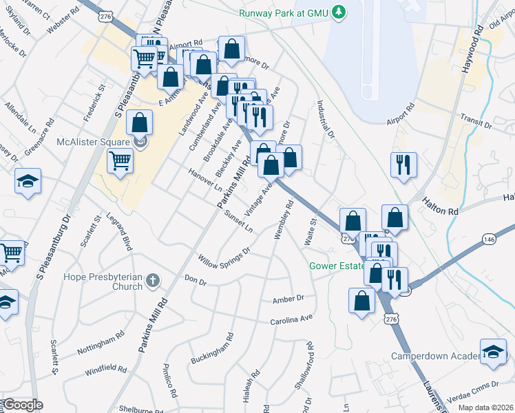 map of restaurants, bars, coffee shops, grocery stores, and more near 103 Vintage Avenue in Greenville