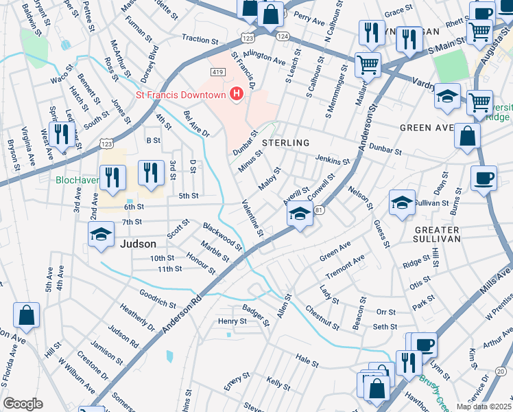 map of restaurants, bars, coffee shops, grocery stores, and more near 11B Valentine Street in Greenville