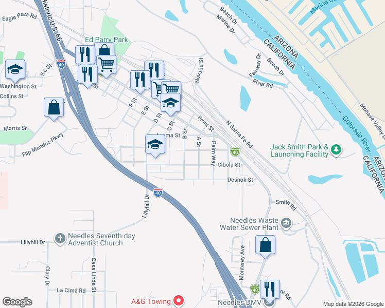 map of restaurants, bars, coffee shops, grocery stores, and more near 411 Bazoobuth Street in Needles