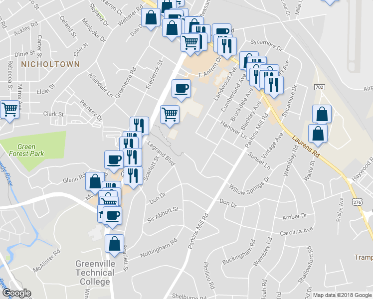 map of restaurants, bars, coffee shops, grocery stores, and more near 524 Willow Springs Drive in Greenville