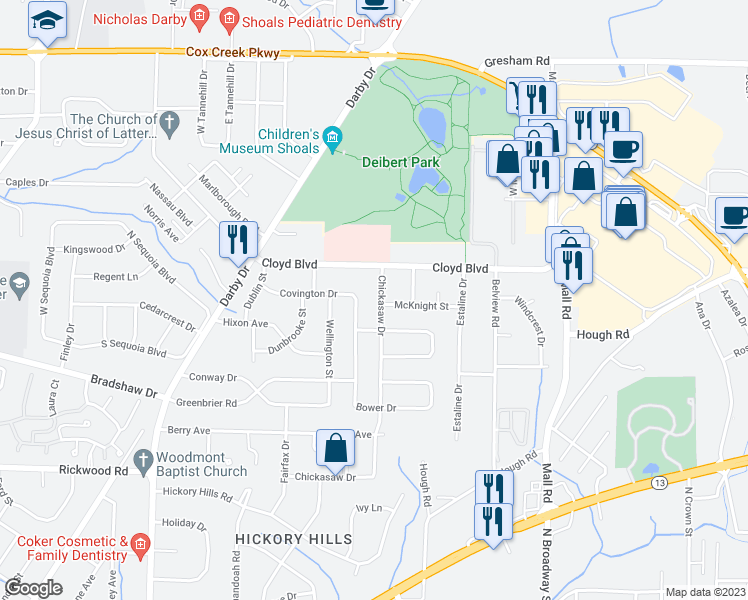 map of restaurants, bars, coffee shops, grocery stores, and more near 2513 Chickasaw Drive in Florence