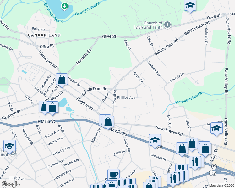 map of restaurants, bars, coffee shops, grocery stores, and more near 102 Phillips Avenue in Easley
