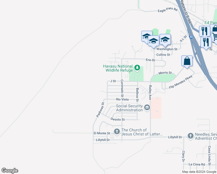 map of restaurants, bars, coffee shops, grocery stores, and more near 2032 Luna Vista in Needles