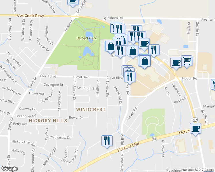 map of restaurants, bars, coffee shops, grocery stores, and more near Belview Road in Florence
