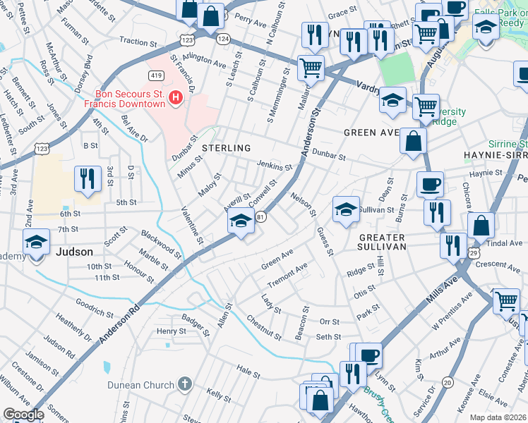 map of restaurants, bars, coffee shops, grocery stores, and more near 115 Lafayette Street in Greenville
