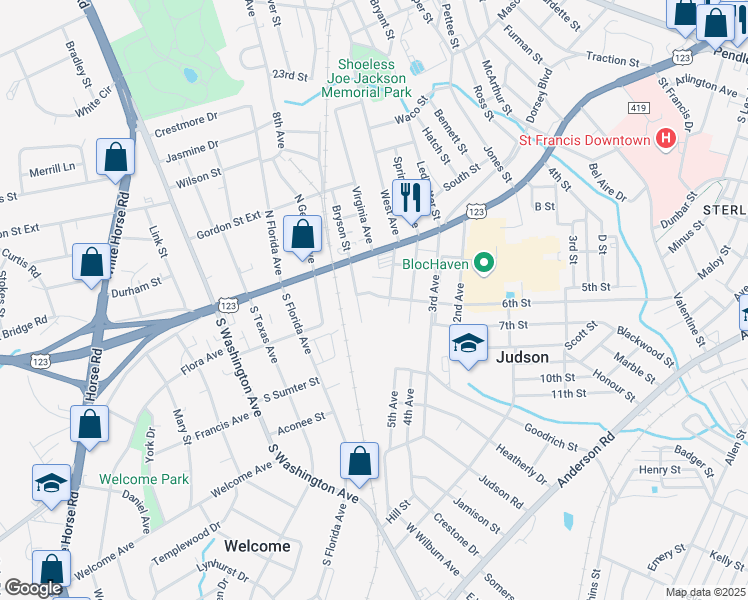 map of restaurants, bars, coffee shops, grocery stores, and more near 25 Piedmont Avenue in Greenville