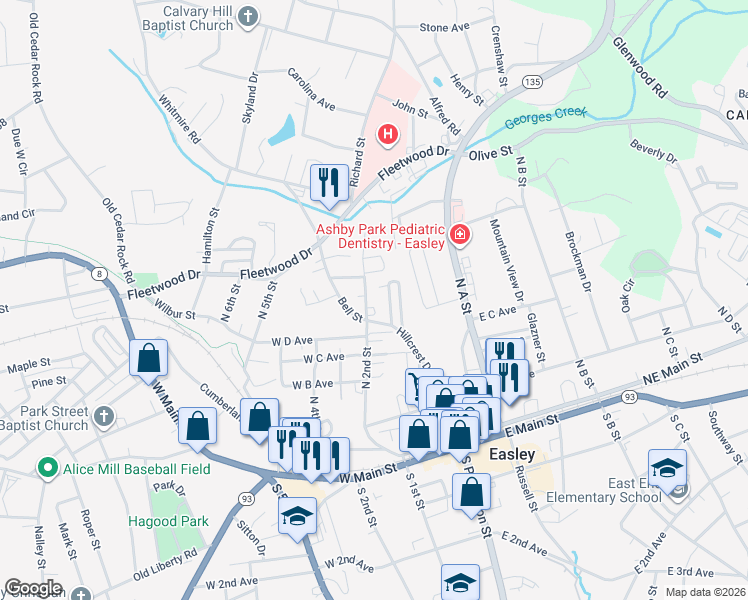 map of restaurants, bars, coffee shops, grocery stores, and more near 100 West East Avenue in Easley