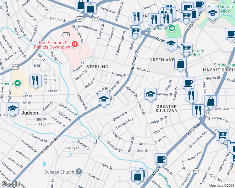map of restaurants, bars, coffee shops, grocery stores, and more near 42 Conwell Street in Greenville
