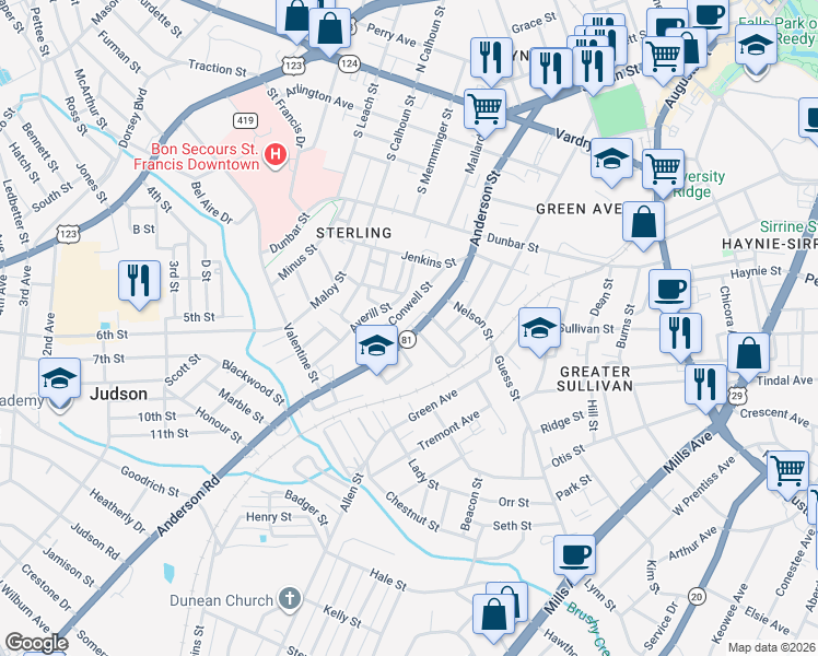 map of restaurants, bars, coffee shops, grocery stores, and more near 42 Conwell Street in Greenville