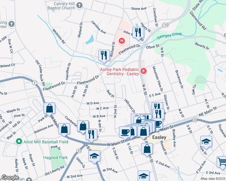 map of restaurants, bars, coffee shops, grocery stores, and more near 100 West East Avenue in Easley