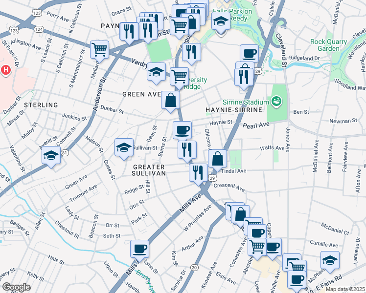 map of restaurants, bars, coffee shops, grocery stores, and more near 712 Augusta Street in Greenville