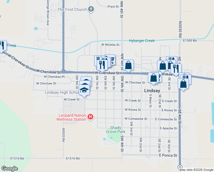 map of restaurants, bars, coffee shops, grocery stores, and more near 512 West Choctaw Street in Lindsay