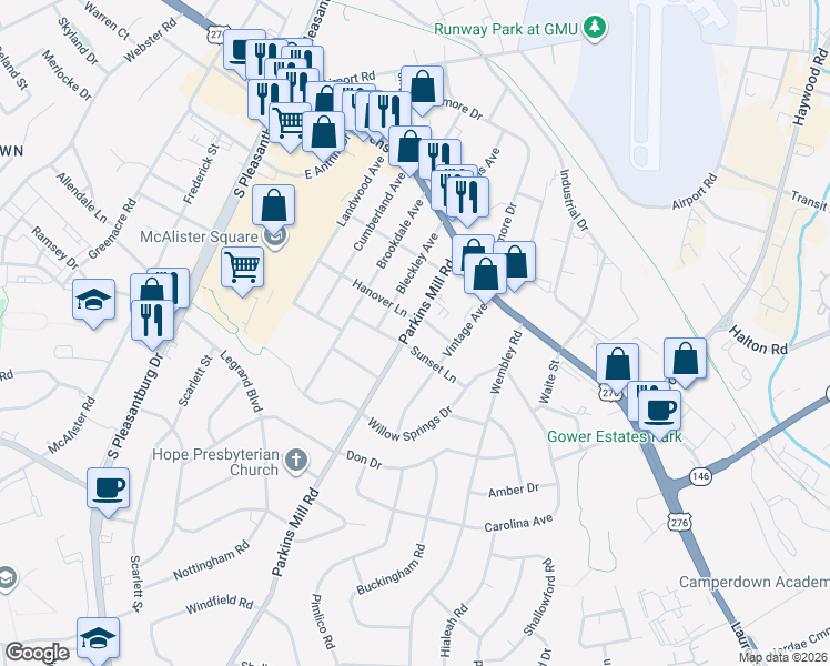 map of restaurants, bars, coffee shops, grocery stores, and more near 123 Parkins Mill Road in Greenville