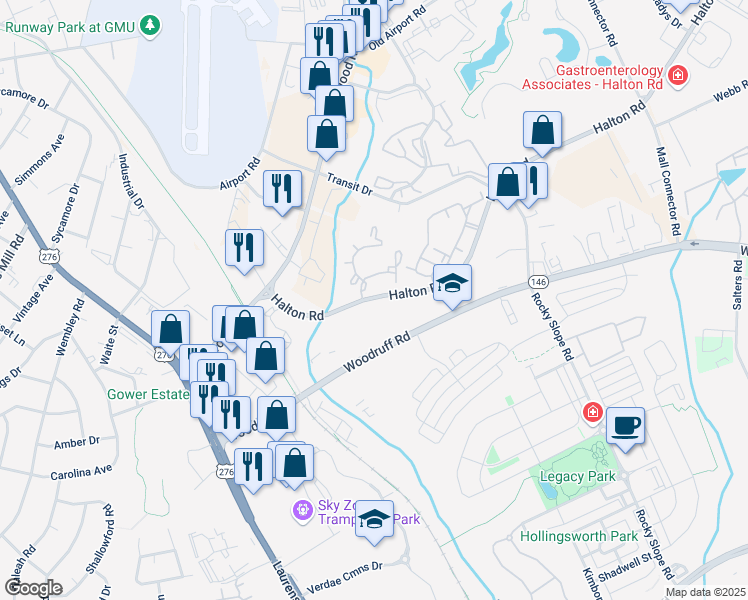 map of restaurants, bars, coffee shops, grocery stores, and more near 660 Halton Road in Greenville
