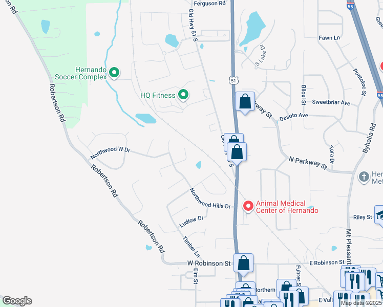 map of restaurants, bars, coffee shops, grocery stores, and more near 712 Timber Creek Drive North in Hernando