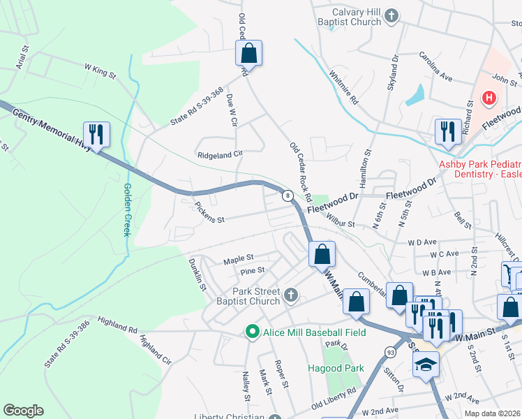map of restaurants, bars, coffee shops, grocery stores, and more near 507 King Street in Easley