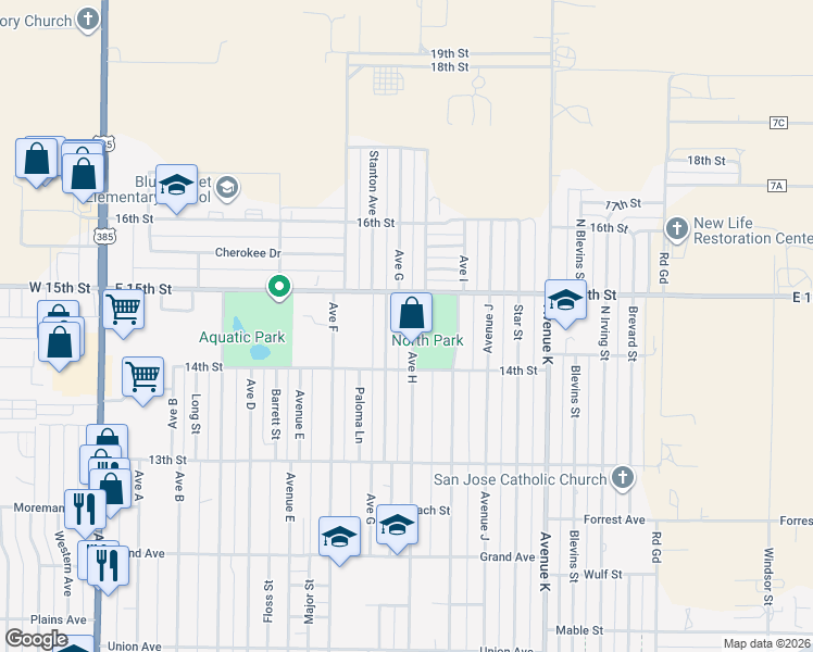 map of restaurants, bars, coffee shops, grocery stores, and more near 517 Avenue H in Hereford