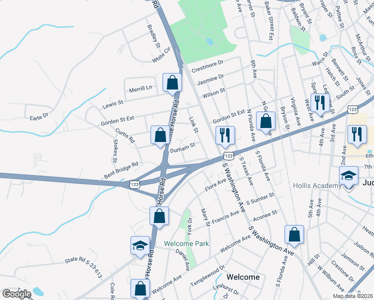 map of restaurants, bars, coffee shops, grocery stores, and more near 103 Durham Street in Greenville