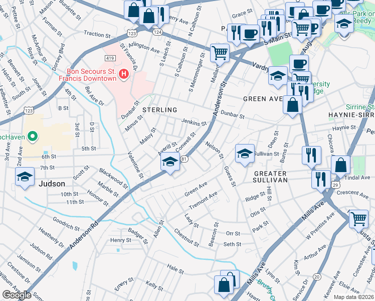 map of restaurants, bars, coffee shops, grocery stores, and more near 42 Conwell Street in Greenville