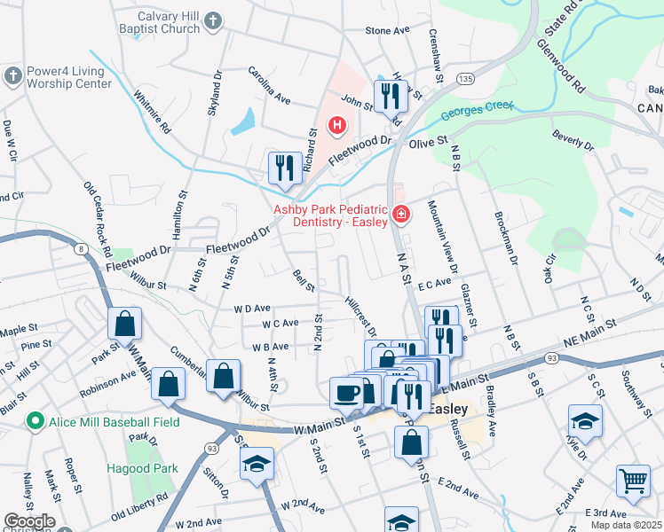 map of restaurants, bars, coffee shops, grocery stores, and more near 122 Harlem Street in Easley