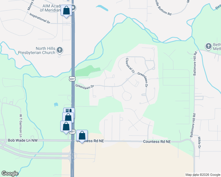 map of restaurants, bars, coffee shops, grocery stores, and more near 107 Otey Drive in Meridianville