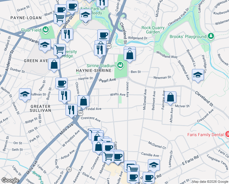 map of restaurants, bars, coffee shops, grocery stores, and more near 128 Biltmore Drive in Greenville