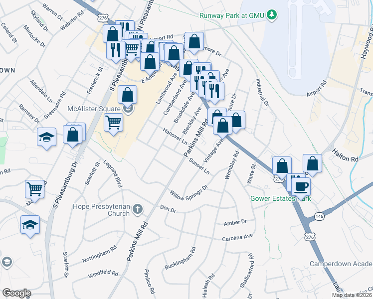 map of restaurants, bars, coffee shops, grocery stores, and more near 123 Parkins Mill Road in Greenville