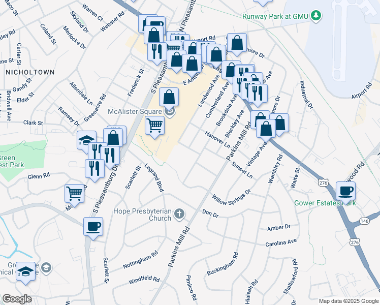 map of restaurants, bars, coffee shops, grocery stores, and more near 54 Maydell Avenue in Greenville