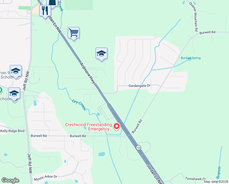 map of restaurants, bars, coffee shops, grocery stores, and more near 164 Gardengate Drive in Harvest