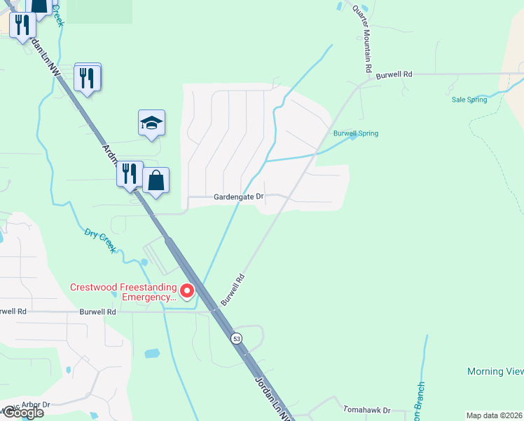 map of restaurants, bars, coffee shops, grocery stores, and more near 114 Gardengate Drive in Harvest