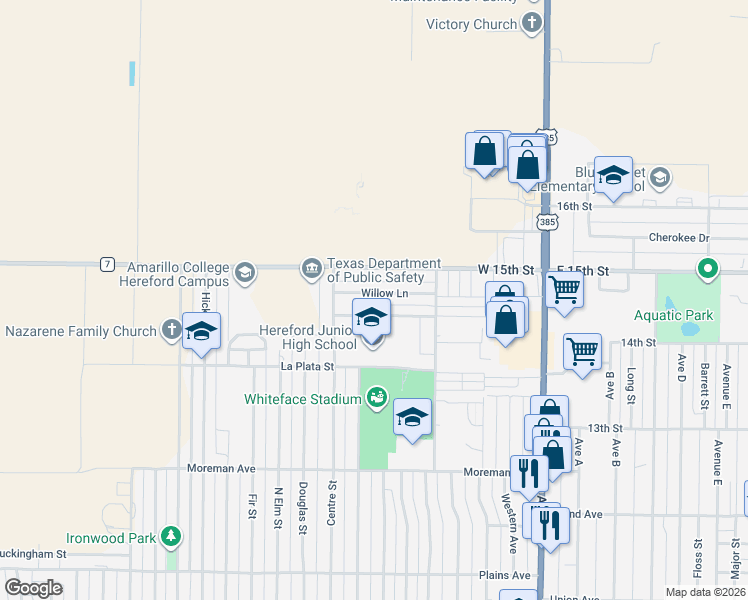 map of restaurants, bars, coffee shops, grocery stores, and more near 500-598 Willow Lane in Hereford