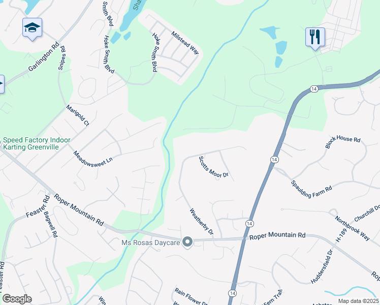 map of restaurants, bars, coffee shops, grocery stores, and more near 33 Weatherby Drive in Greenville