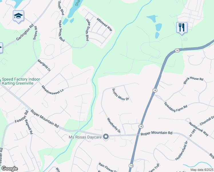 map of restaurants, bars, coffee shops, grocery stores, and more near 33 Weatherby Drive in Greenville