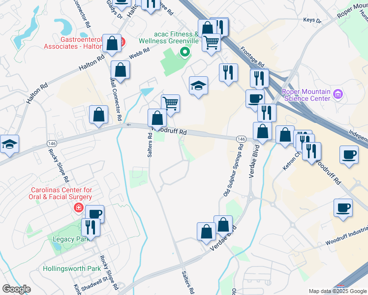 map of restaurants, bars, coffee shops, grocery stores, and more near 810 Woodruff Road in Greenville
