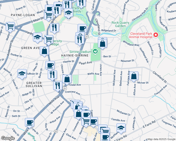 map of restaurants, bars, coffee shops, grocery stores, and more near 115 Rose Avenue in Greenville