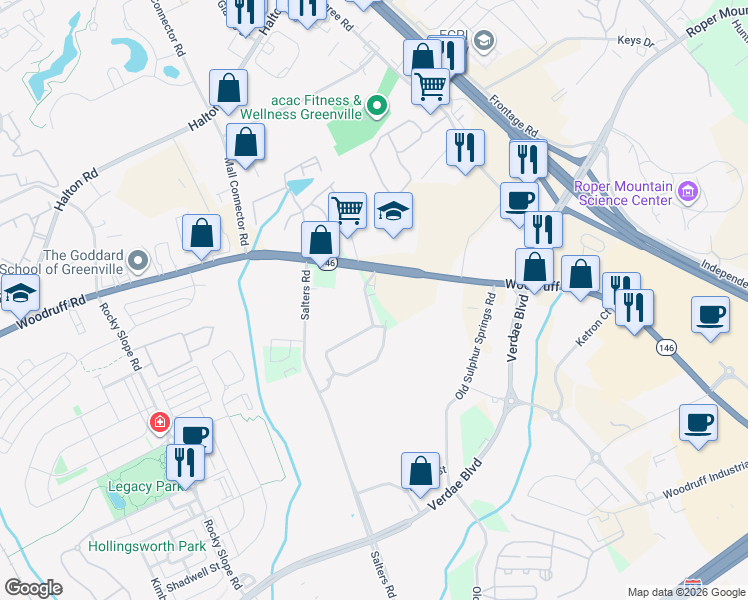 map of restaurants, bars, coffee shops, grocery stores, and more near 810 Woodruff Road in Greenville