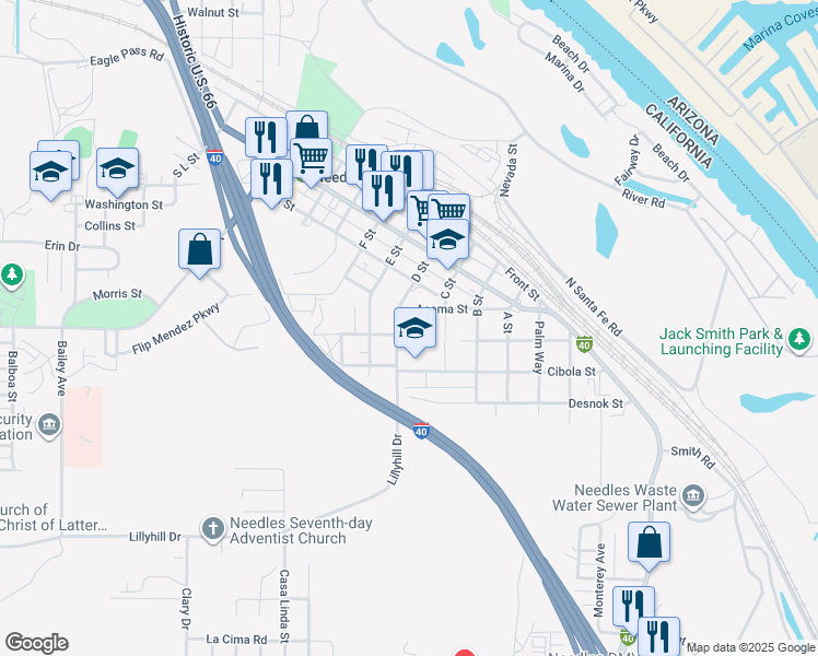 map of restaurants, bars, coffee shops, grocery stores, and more near 415 D Street in Needles
