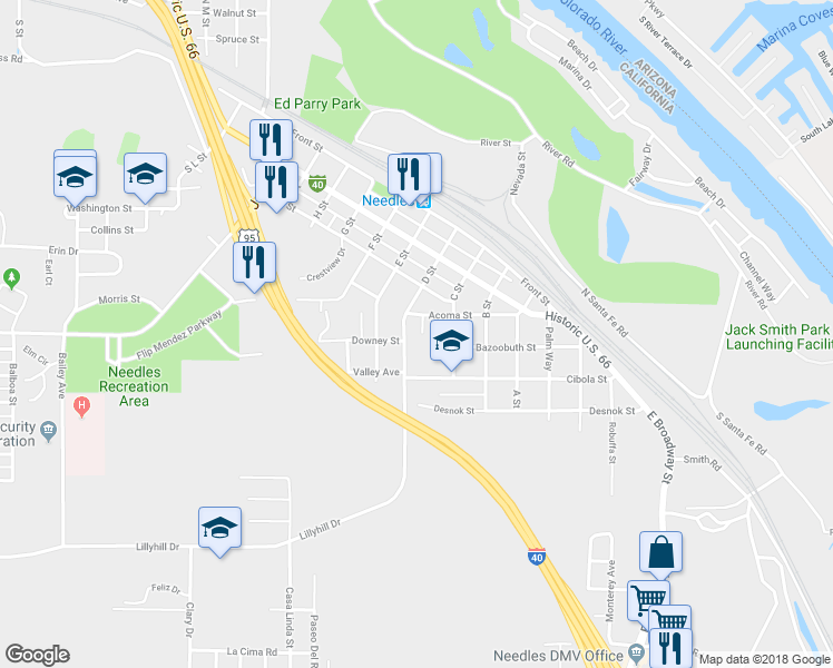 map of restaurants, bars, coffee shops, grocery stores, and more near 415 D Street in Needles