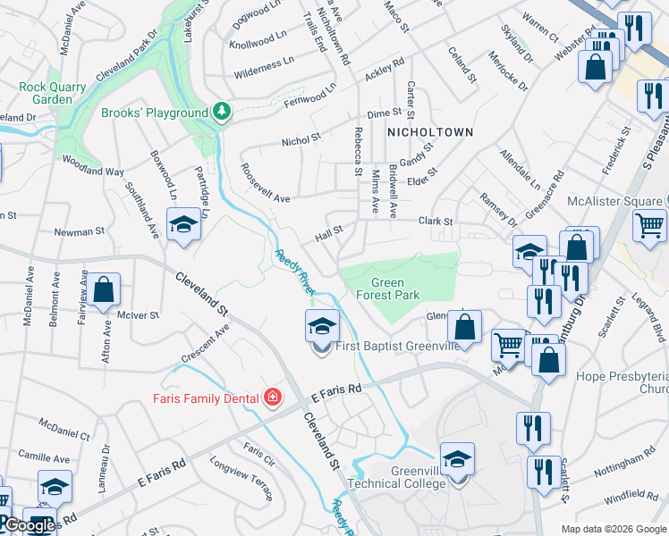 map of restaurants, bars, coffee shops, grocery stores, and more near 5 Colorado Street in Greenville
