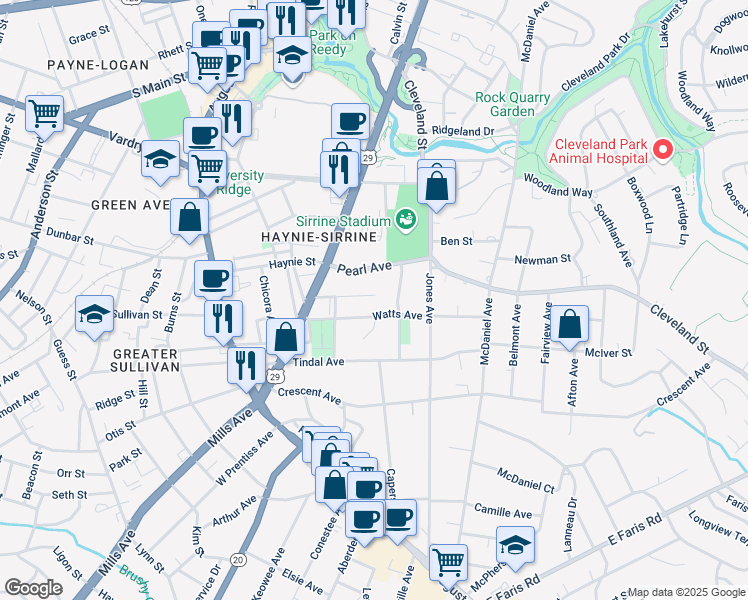 map of restaurants, bars, coffee shops, grocery stores, and more near 115 Rose Avenue in Greenville