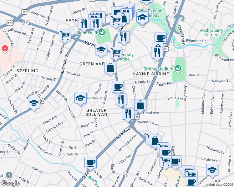 map of restaurants, bars, coffee shops, grocery stores, and more near 712 Augusta Street in Greenville