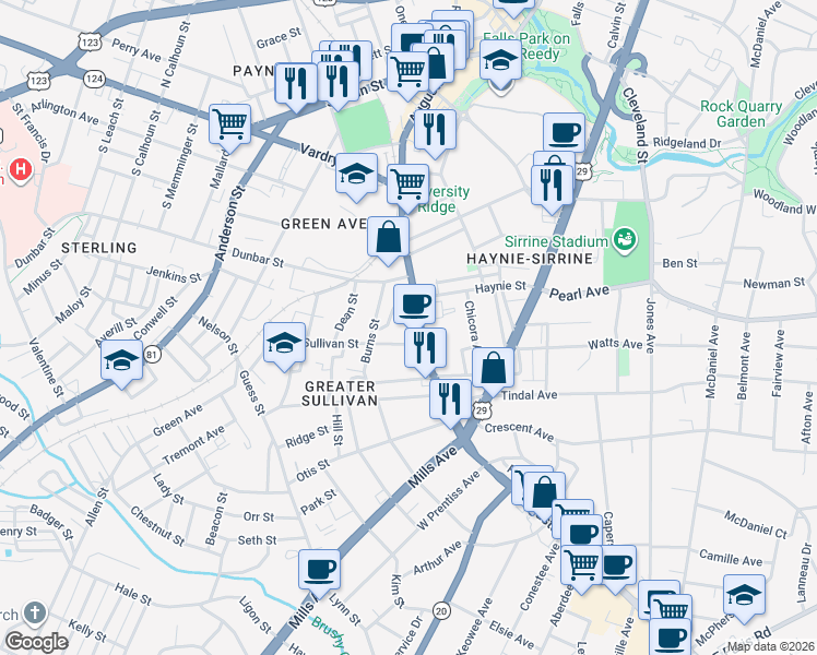 map of restaurants, bars, coffee shops, grocery stores, and more near 712 Augusta Street in Greenville