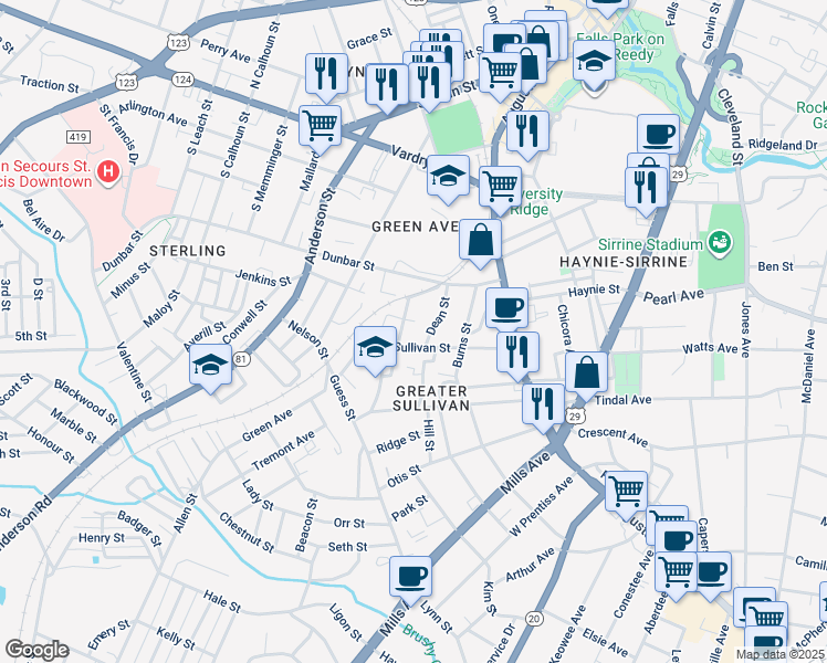 map of restaurants, bars, coffee shops, grocery stores, and more near 12 Trotter Street in Greenville