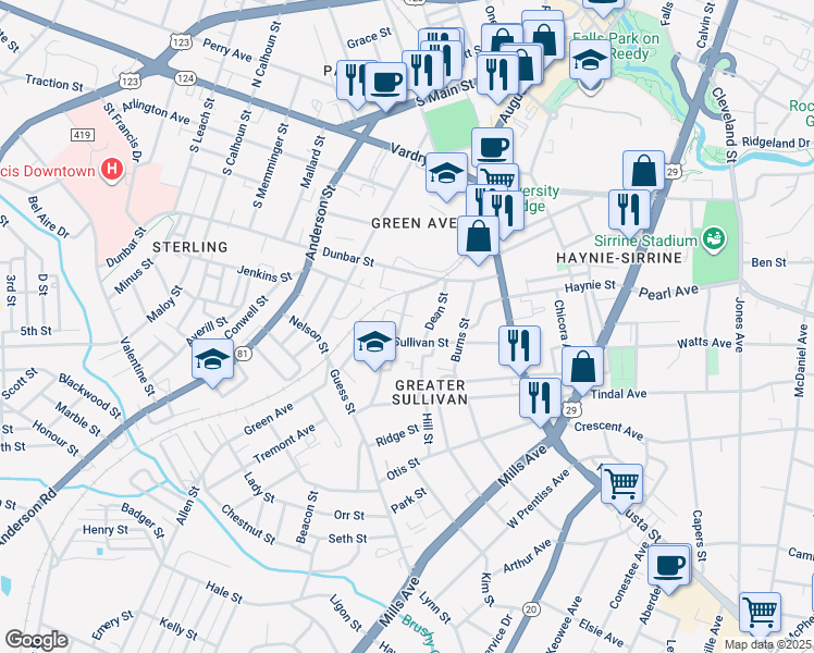 map of restaurants, bars, coffee shops, grocery stores, and more near 12 Trotter Street in Greenville