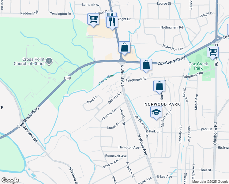 map of restaurants, bars, coffee shops, grocery stores, and more near 2374 Roberts Lane in Florence