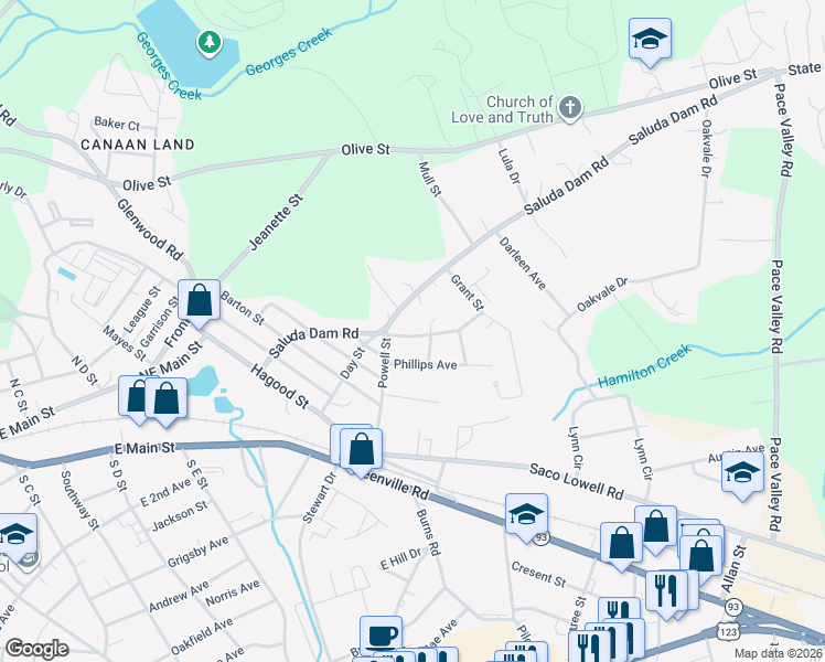 map of restaurants, bars, coffee shops, grocery stores, and more near 109 Grant Street in Easley
