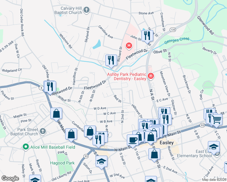 map of restaurants, bars, coffee shops, grocery stores, and more near 207 Hillcrest Drive in Easley