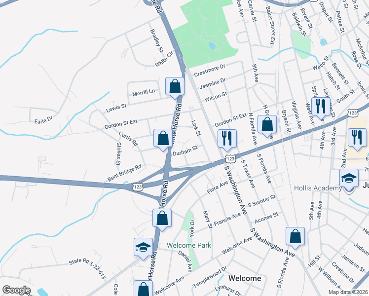 map of restaurants, bars, coffee shops, grocery stores, and more near 103 Durham Street in Greenville